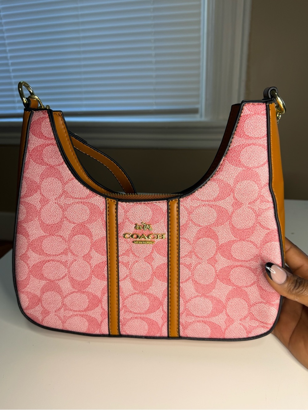Coach Pink Signature Canvas Shoulder Bag with Tan Trim